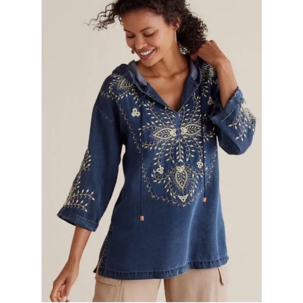Soft Surroundings Regio Tunic Hoodie Emboidered Boho Blue Cream Sz M
